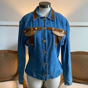 Vintage 80s CACHE Blue Denim Jean Jacket with Brown Leather Trim Corset Back M/L
